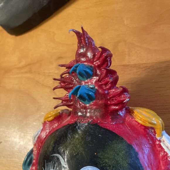 Vintage Hand Painted Mexican Folk Art Coconut Shell Mask Lady Spiky Hair - Picture 3 of 9